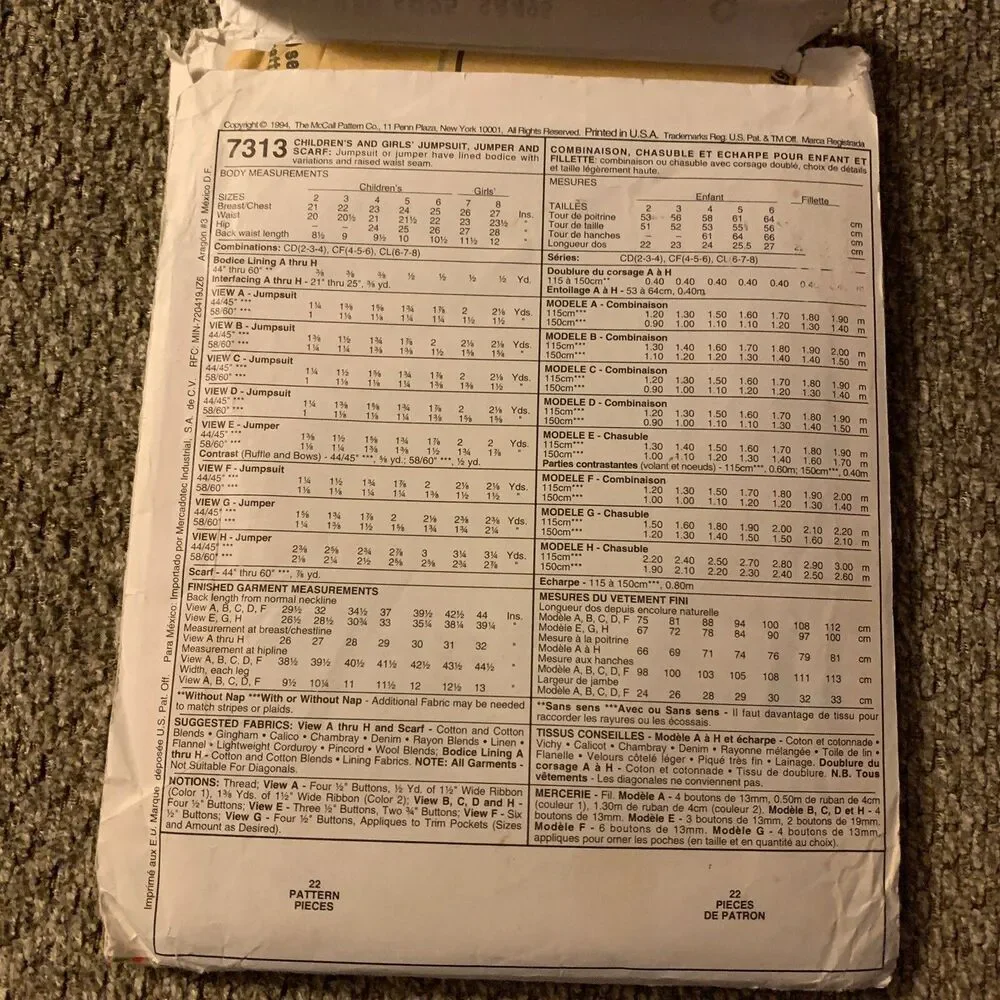 McCalls Pattern 7313 Jumper Jumpsuit Scarf Easy Sizes CF 4 5 6 Girls Children’s